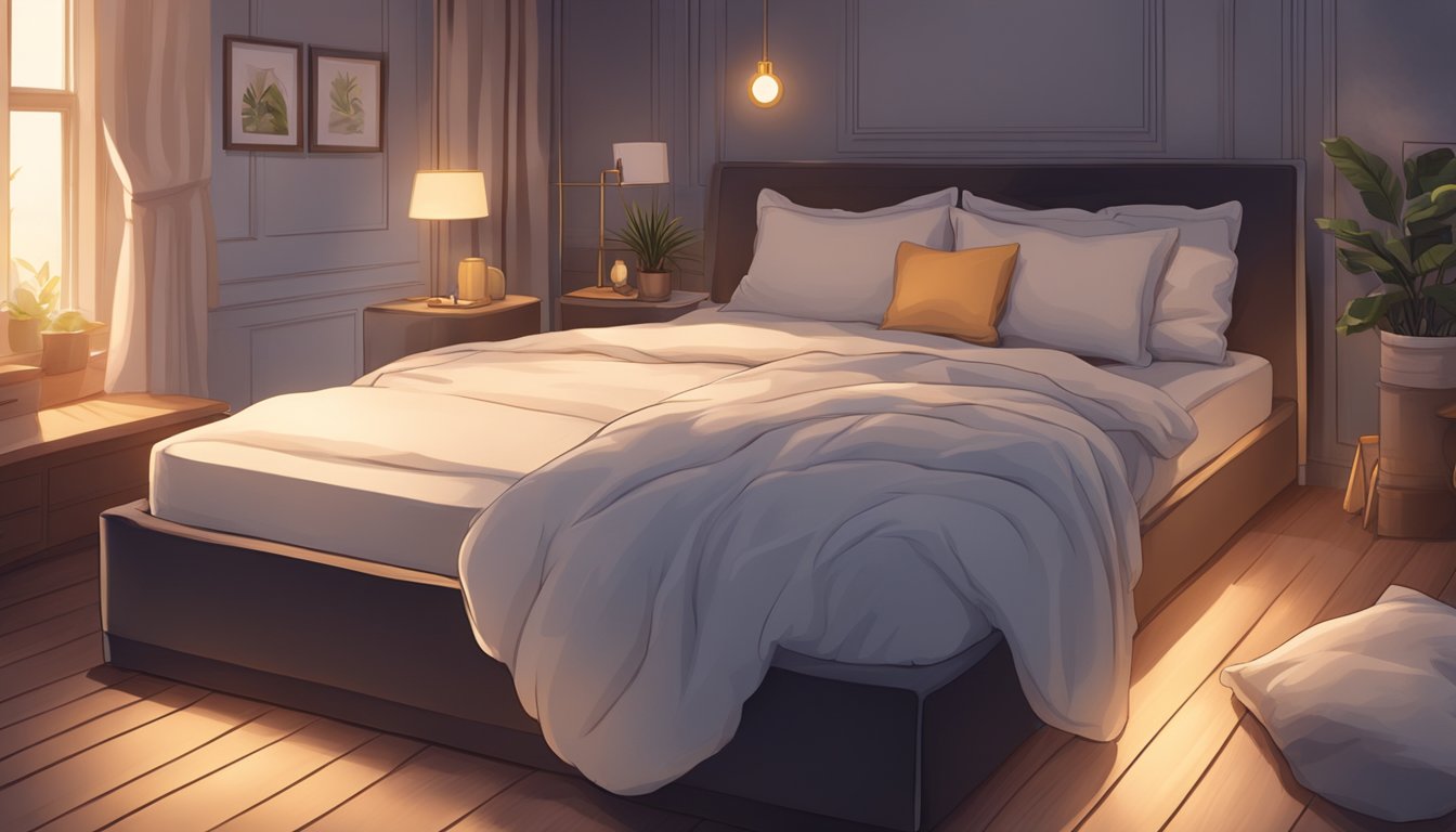 A body pillow lies on a cozy bed, surrounded by fluffy blankets and soft pillows. The room is dimly lit, creating a warm and inviting atmosphere