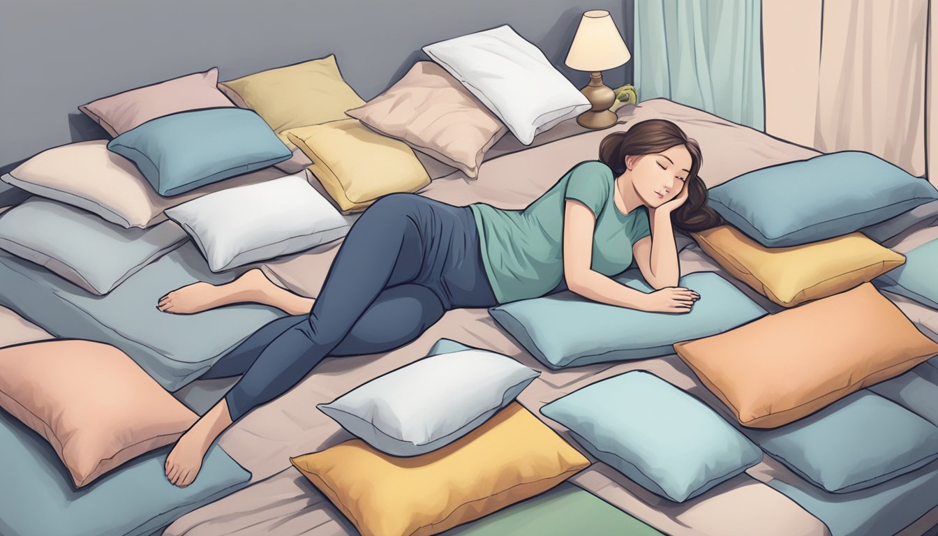 A person lying on a bed, surrounded by different types of body pillows, carefully examining each one before selecting their ideal body pillow