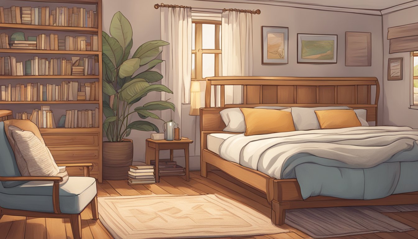 A cozy bedroom with a large, fluffy body pillow featuring "Frequently Asked Questions" printed on it, surrounded by books and a warm, inviting atmosphere