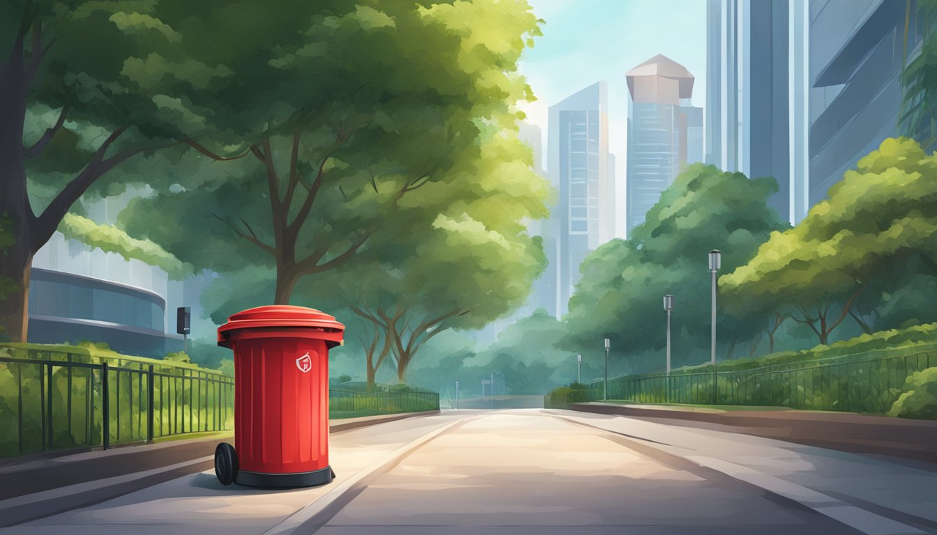 A red Singapore trash bin sits on a clean sidewalk, surrounded by lush greenery and modern buildings in the background