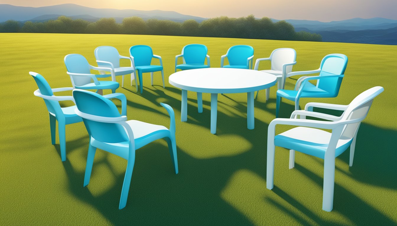 Several plastic chairs arranged in a circle on a grassy field, with a bright blue sky and fluffy white clouds in the background