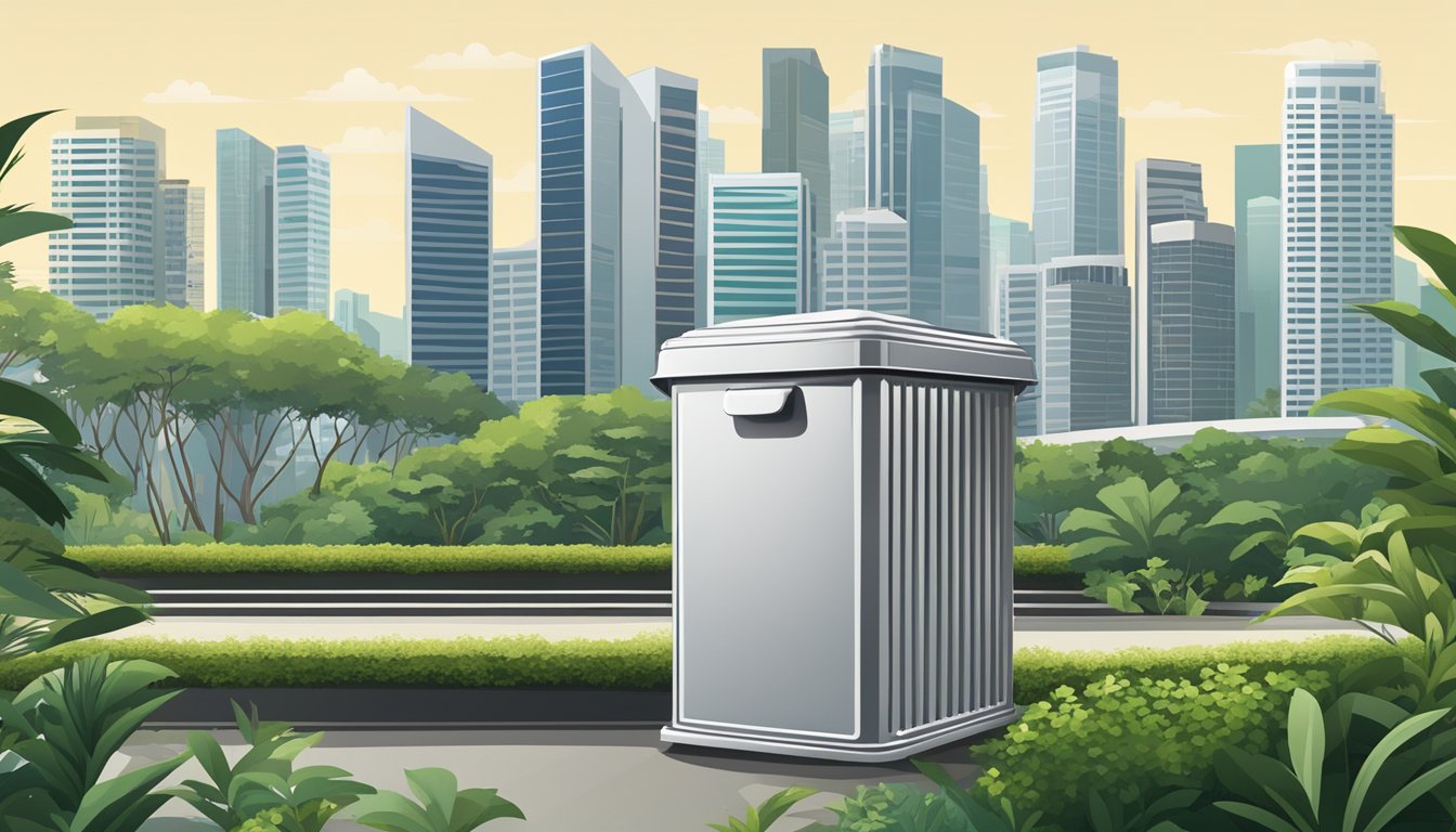 A silver dustbin stands against a backdrop of modern Singapore architecture, with lush greenery peeking out from the edges