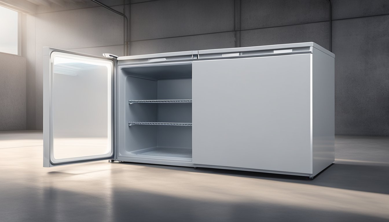 A chest freezer sits in a dimly lit garage, its white exterior contrasting against the concrete floor. The lid is slightly ajar, revealing a frosty interior