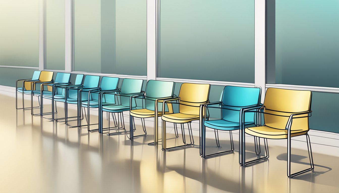 A row of sleek plastic chairs arranged in a modern, minimalist setting. Clean lines and vibrant colors create a visually appealing aesthetic