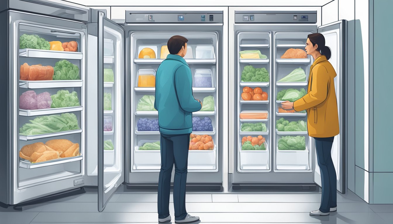 A person standing in front of various chest freezers, carefully examining their sizes and features before making a decision