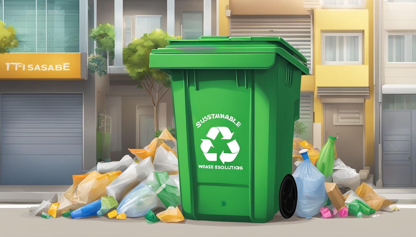 A Singapore trash bin with the Sustainable Waste Solutions logo, surrounded by neatly separated recyclables and general waste