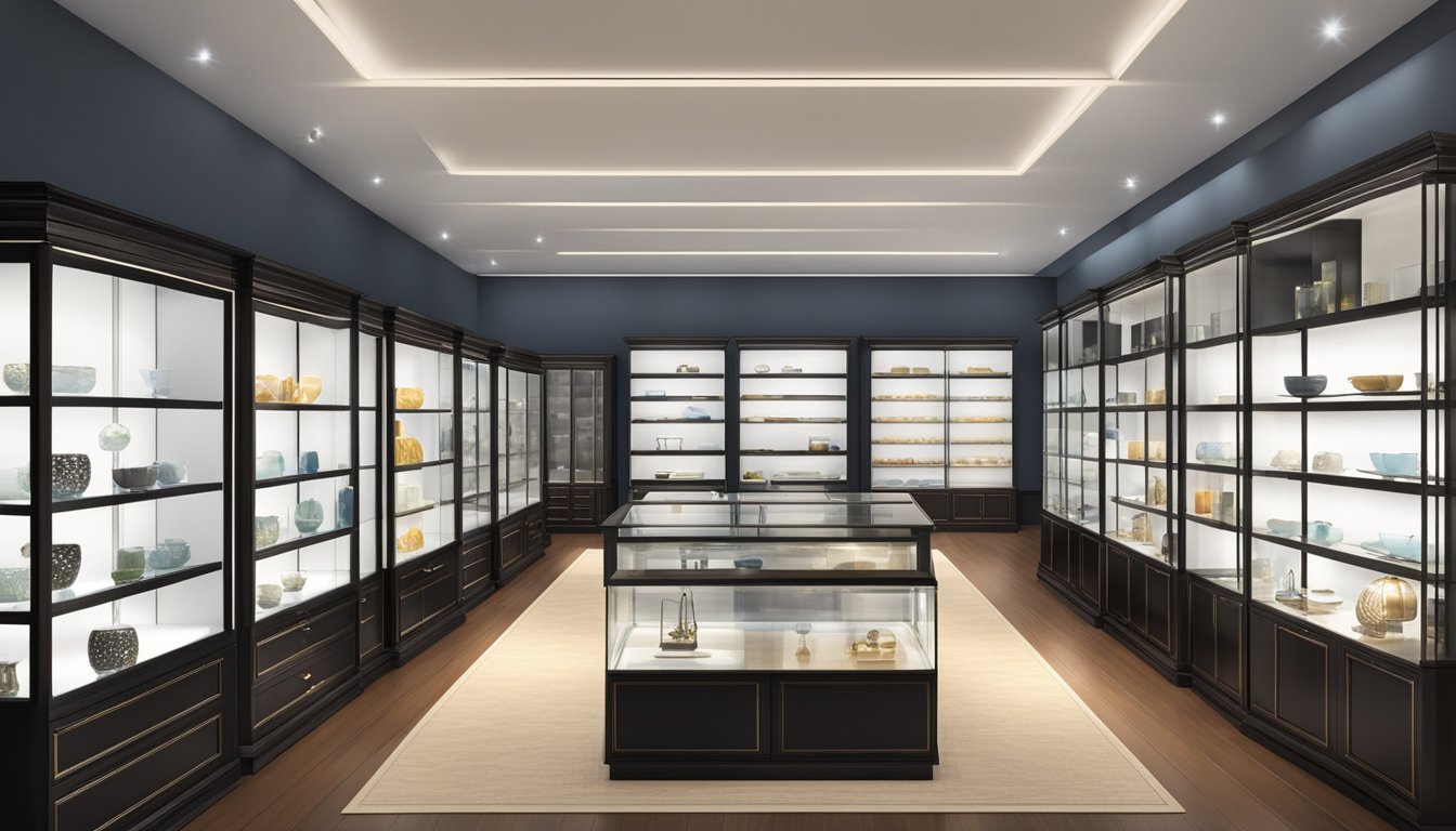 A showroom filled with sleek, modern display cabinets showcasing various items. Bright lighting highlights the impeccable craftsmanship and attention to detail
