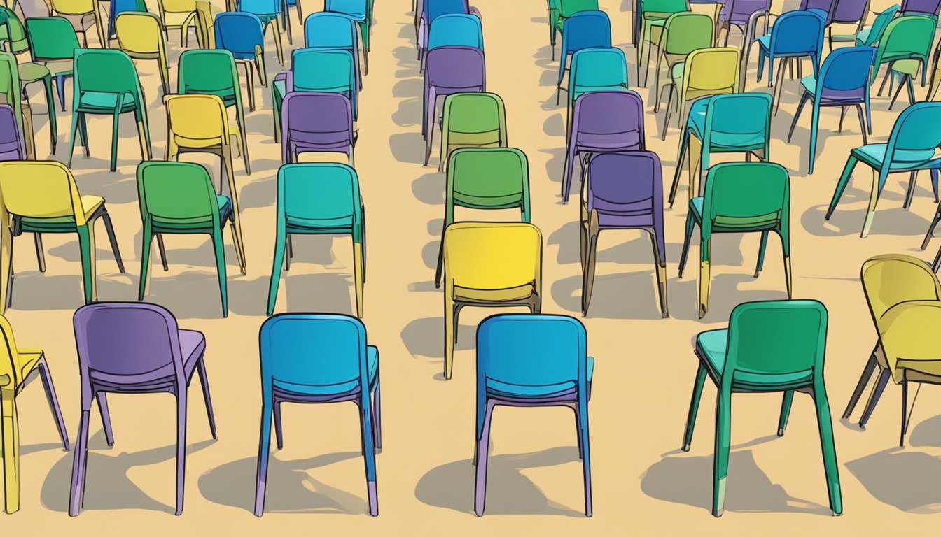 A row of plastic chairs arranged in a semi-circle, with a sign reading "Frequently Asked Questions" above them