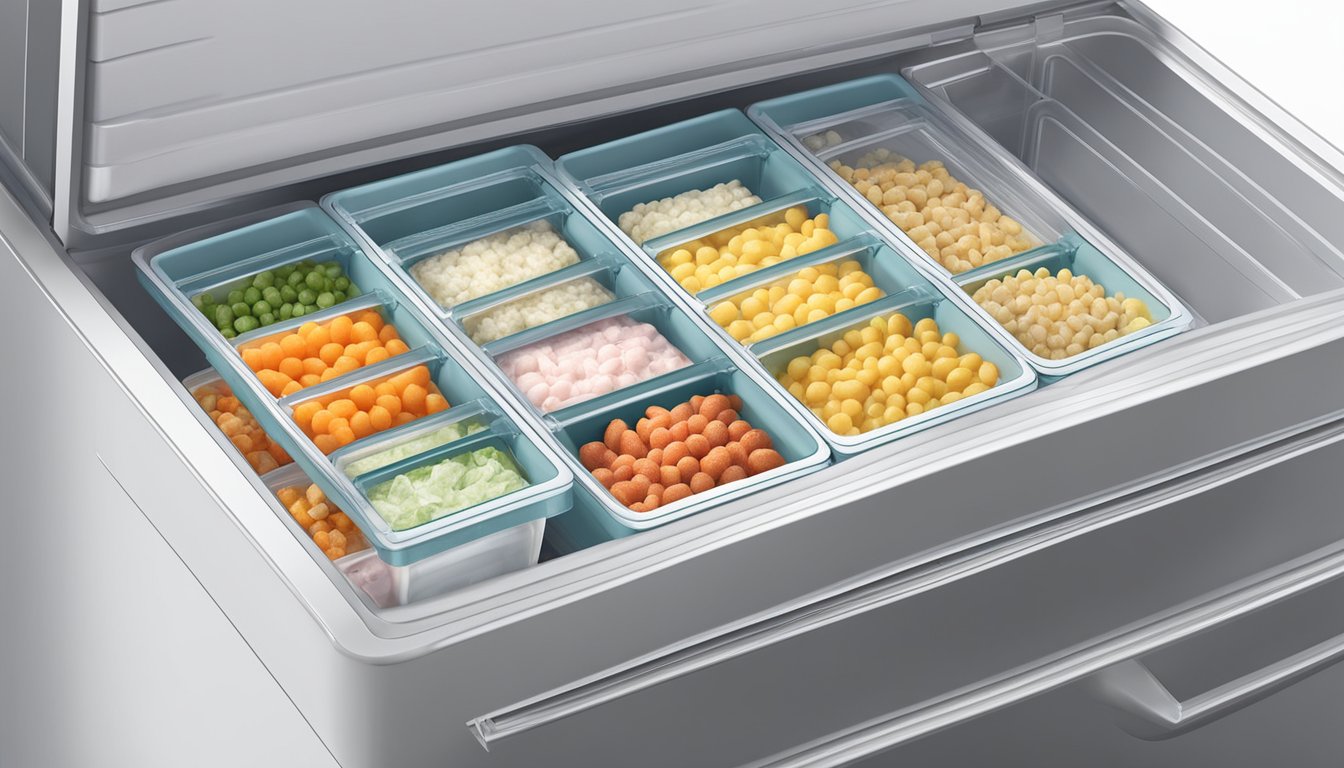 A chest freezer filled with neatly organized frozen food packages, with a clear label on each item and space-saving bins and dividers