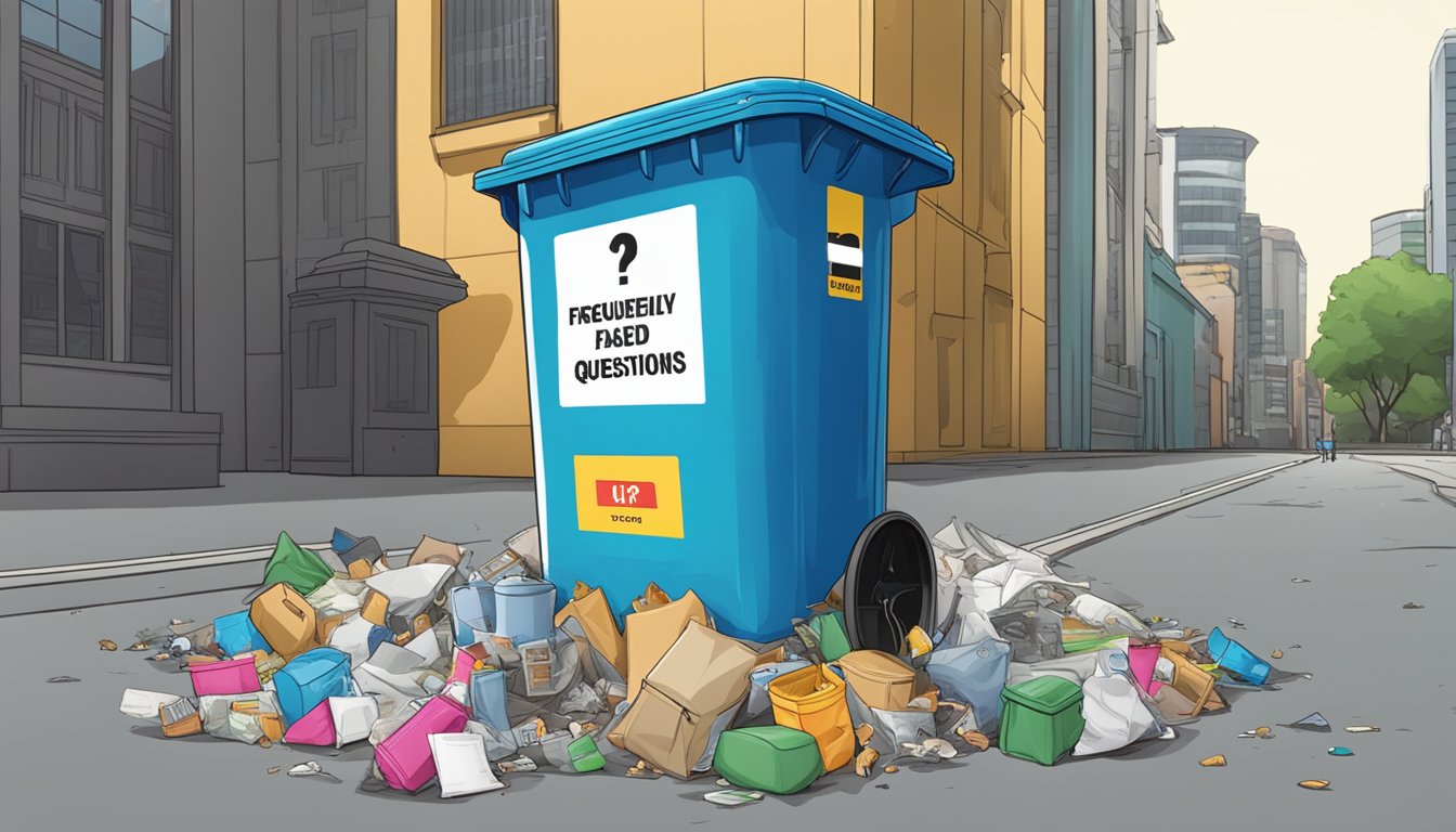 A trash bin in Singapore with a "Frequently Asked Questions" sign on it, surrounded by litter and discarded items
