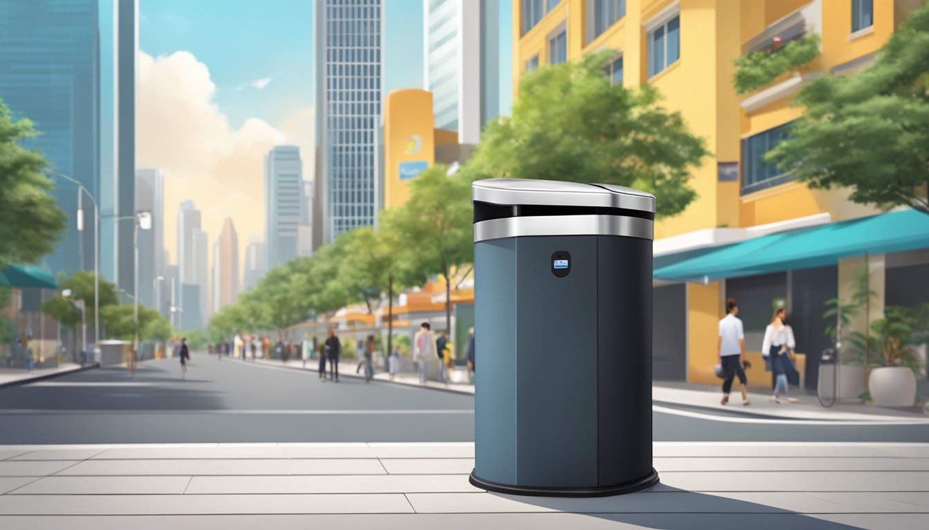 A modern, sleek dustbin with sensor technology and a foot pedal for hands-free use, set against a backdrop of a clean and organized urban environment in Singapore