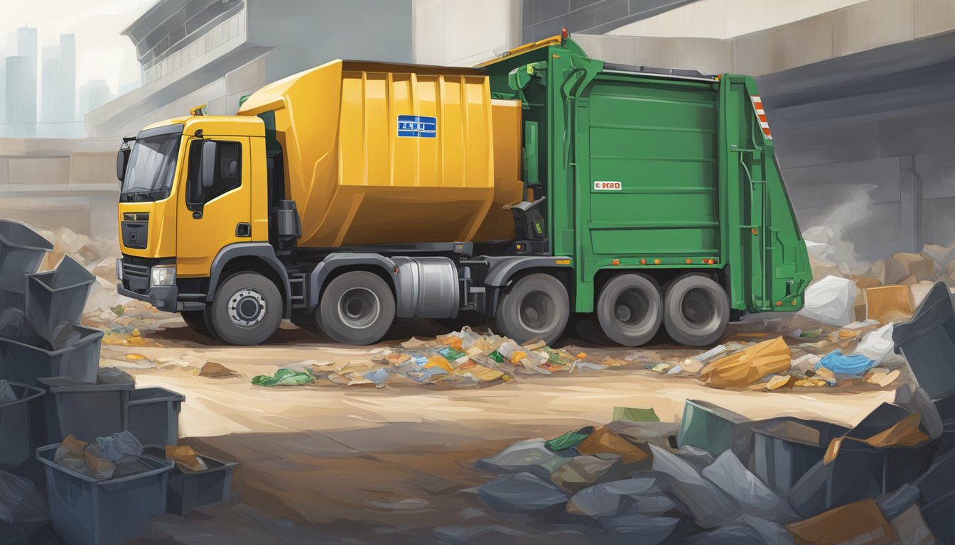 A garbage truck empties bins into a large compactor at a disposal facility in Singapore