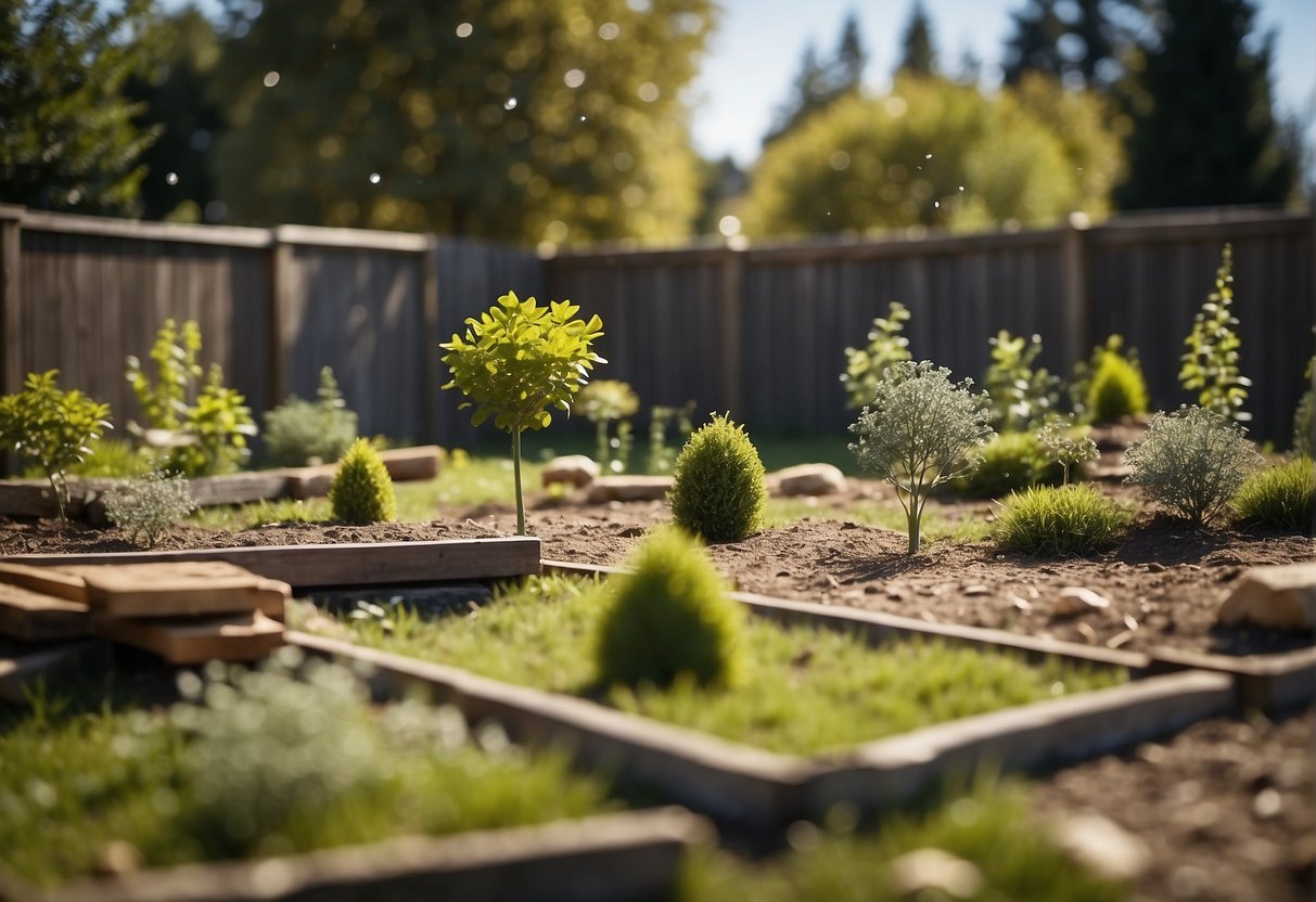 A small backyard with a cleared area, surrounded by trees and a fence. A blueprint and construction materials scattered around