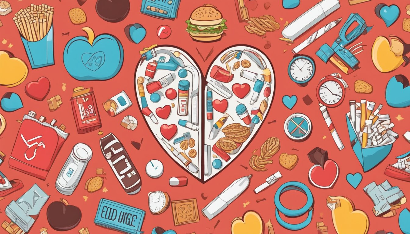 A red heart surrounded by unhealthy lifestyle symbols such as cigarettes, unhealthy food, and lack of exercise