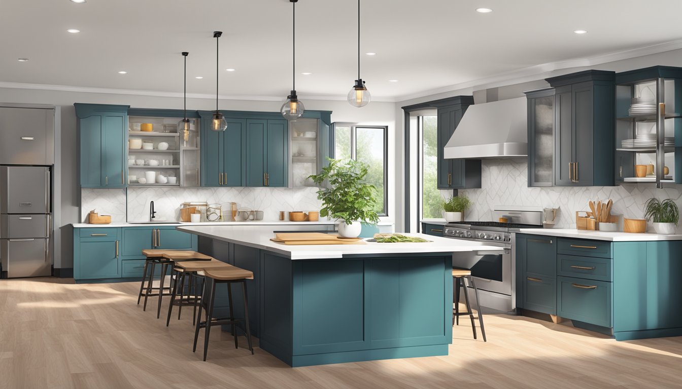 A kitchen being renovated with new cabinets, countertops, and appliances in a modern style
