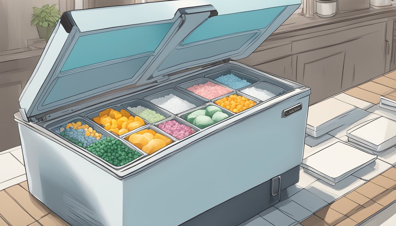 A chest freezer with open lid, filled with various frozen items and labeled "Frequently Asked Questions" on the front