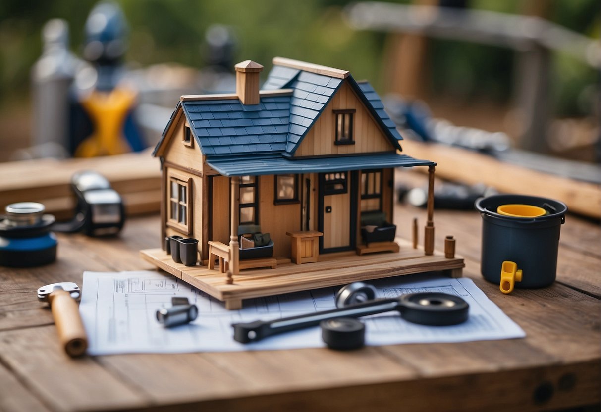 A blueprint of a tiny house sits on a table surrounded by tools, wood, and building materials in a backyard setting