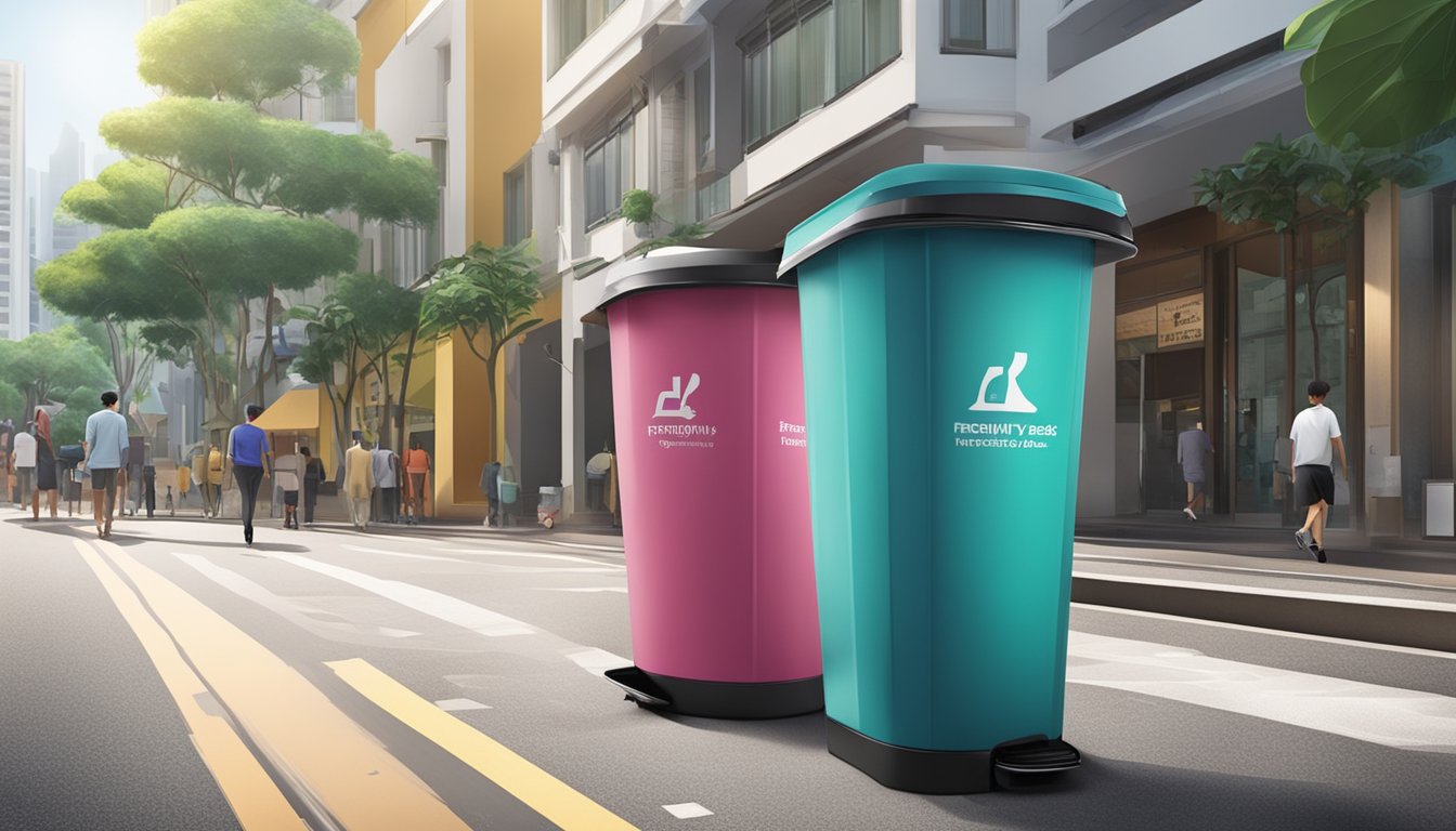 A modern, sleek dustbin with "Frequently Asked Questions" printed on the side, located in a bustling city street in Singapore