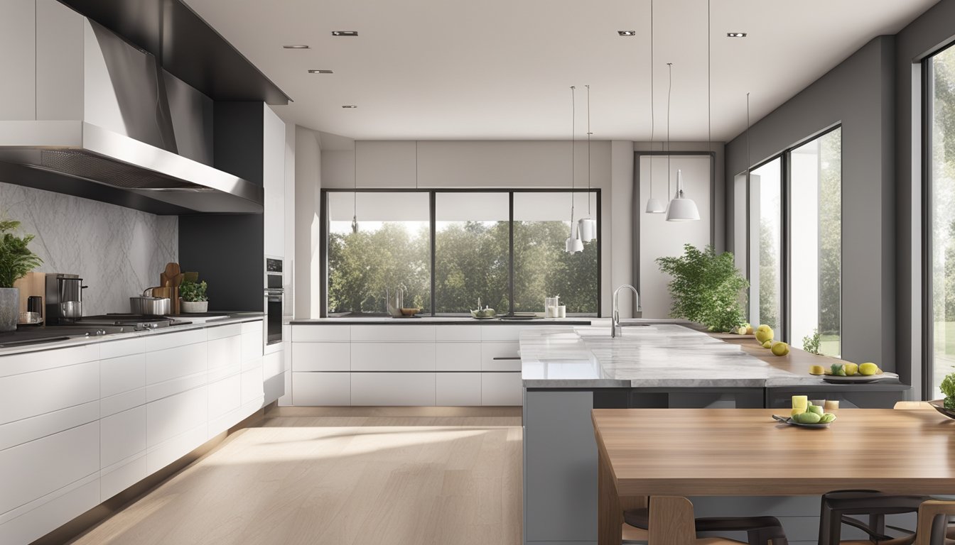 A spacious, modern kitchen with sleek cabinets, marble countertops, and state-of-the-art appliances. Large windows flood the room with natural light, highlighting the elegant design and functional layout