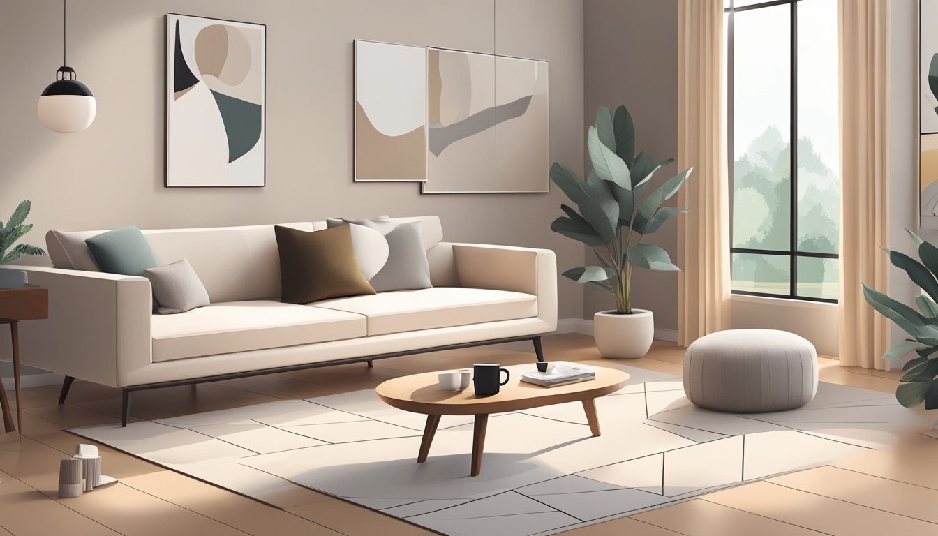 A minimalist living room with clean lines, natural materials, and neutral colors. A cozy armchair sits beside a sleek coffee table, with a geometric rug on the floor