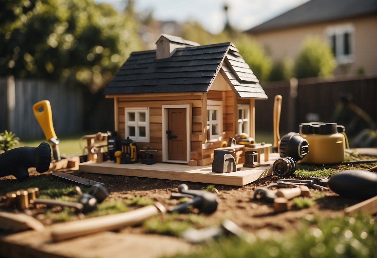 A small backyard with a tiny house under construction, surrounded by tools and materials. A person is measuring and hammering