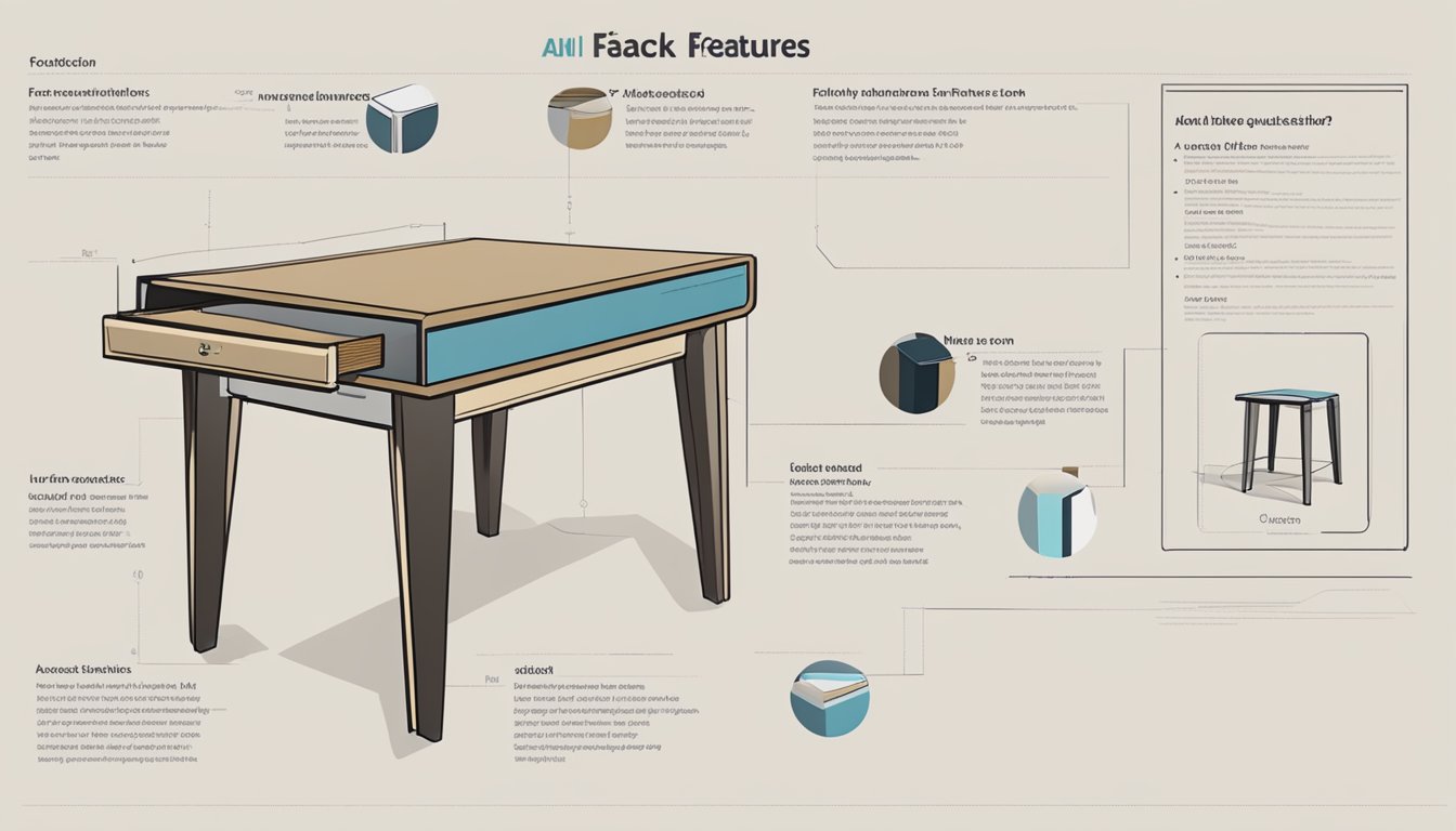 A small, modern side table with a price tag and a list of frequently asked questions about its features and dimensions