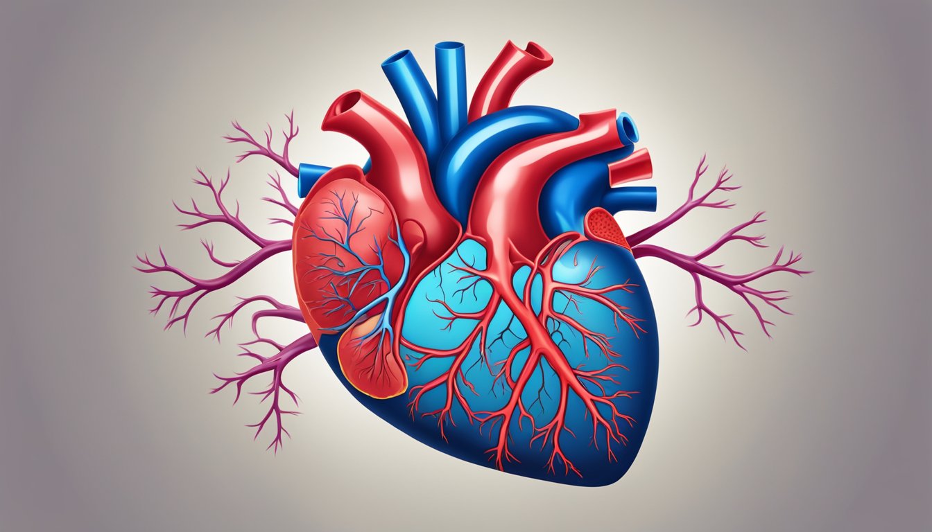 A heart with arteries clogged by plaque, blood flow restricted. Medication and lifestyle changes help manage the condition