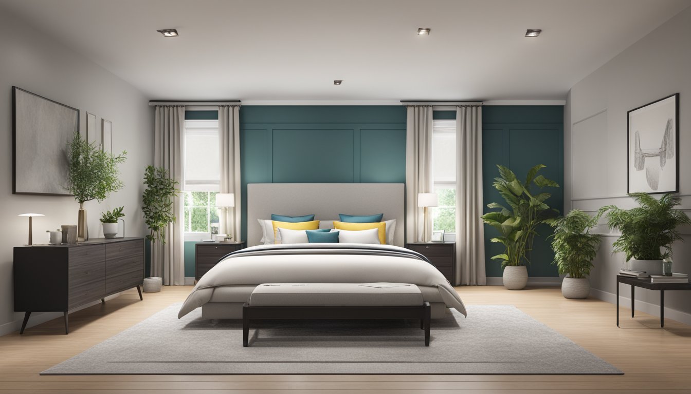 A spacious bedroom with a king-size bed centered against a feature wall, with ample room on either side for bedside tables and lamps