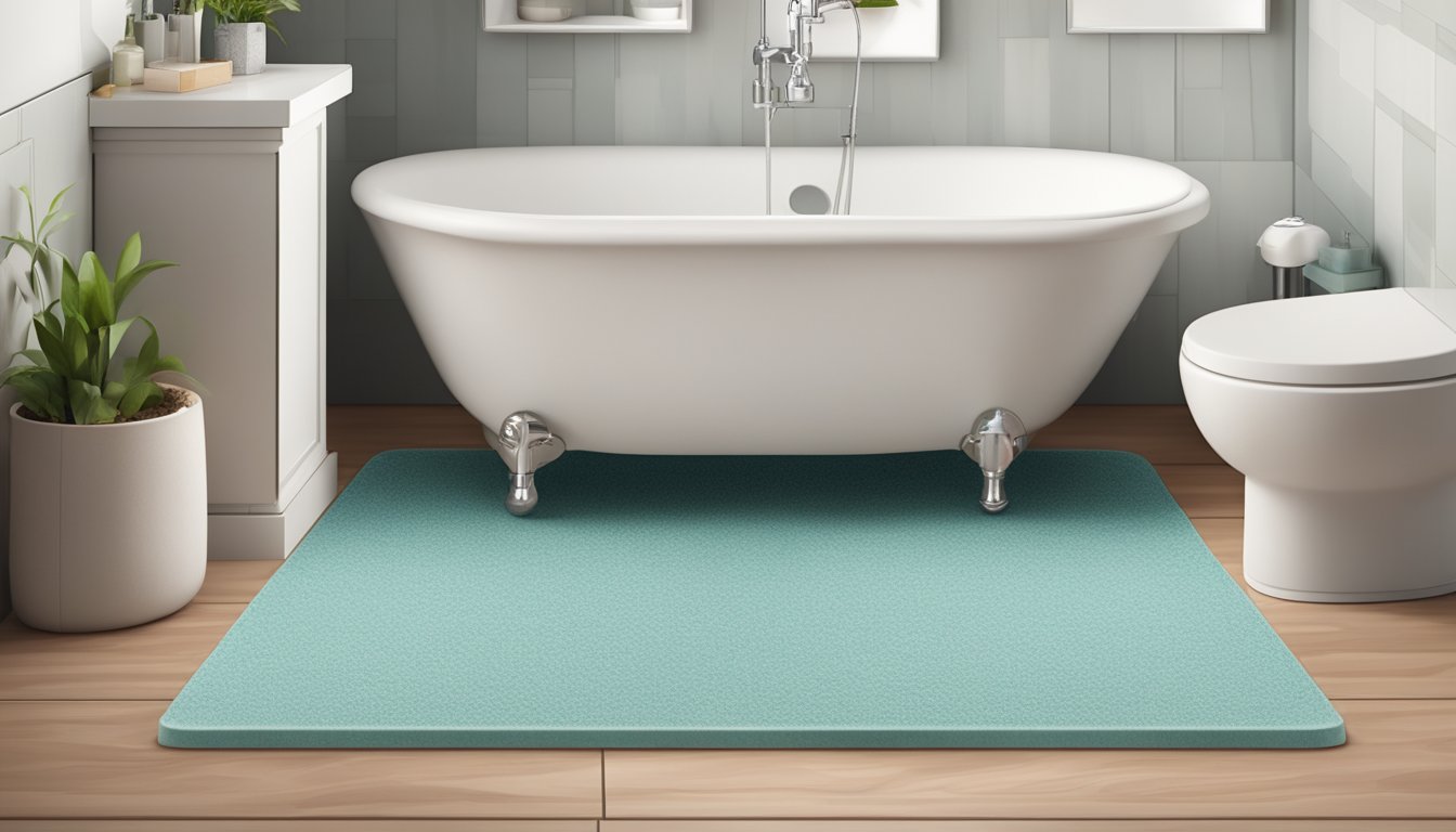 A diatomite mat lying on a bathroom floor, absorbing water and providing a natural, earthy texture