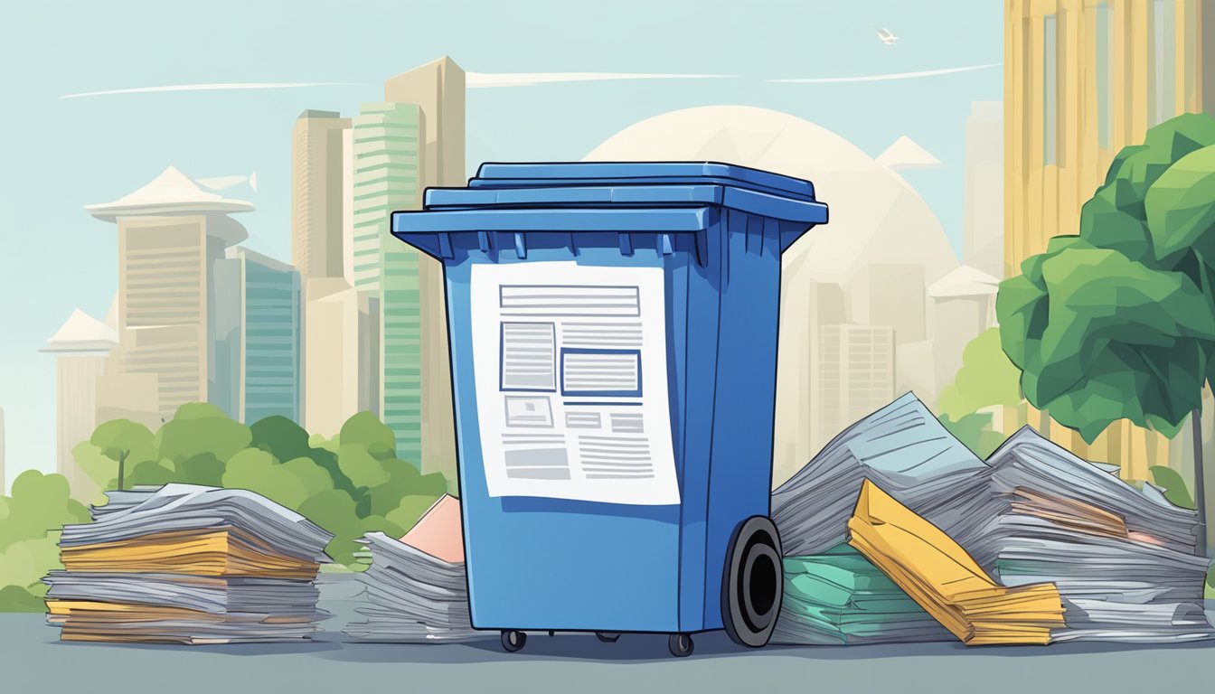 A stack of FAQ papers next to a recycling bin in Singapore