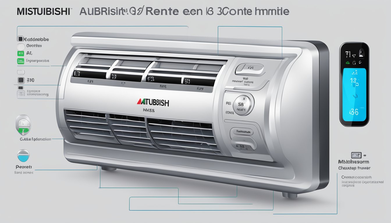 The Mitsubishi aircon remote symbols are displayed clearly on the digital screen, with the power button, temperature controls, and fan speed options visible