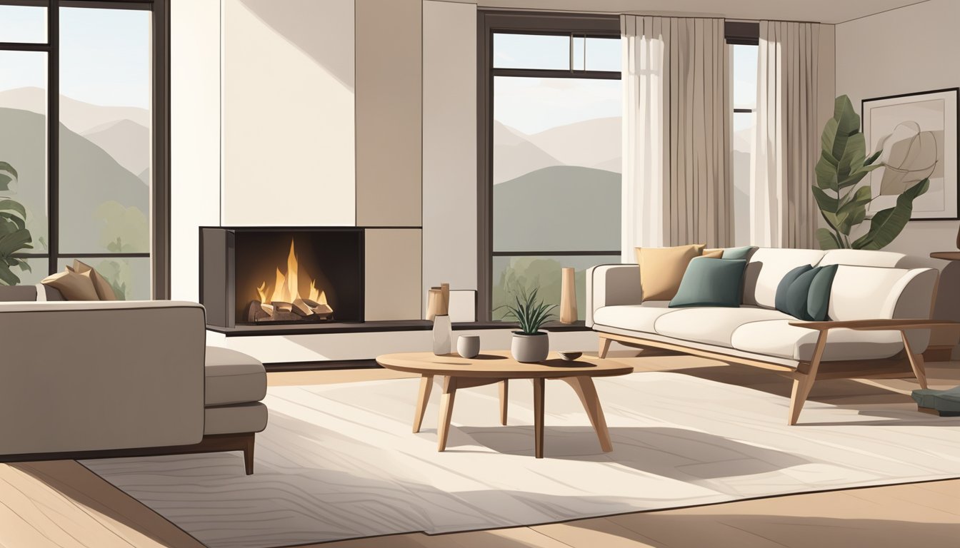 A minimalist living room with clean lines, natural materials, and a neutral color palette. A cozy fireplace and large windows bring in natural light