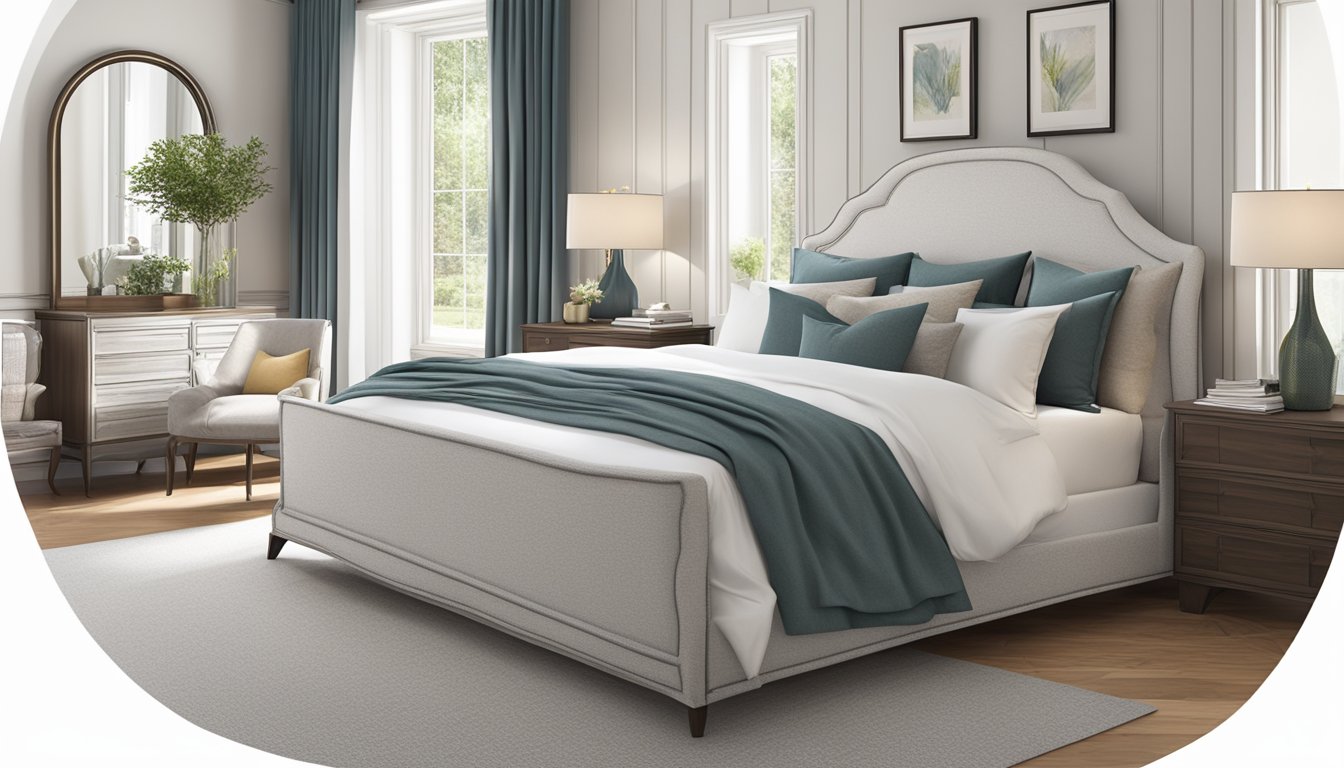 A king size bed, measuring 183 cm by 203 cm, sits in a spacious bedroom with soft, neutral-colored bedding and decorative pillows