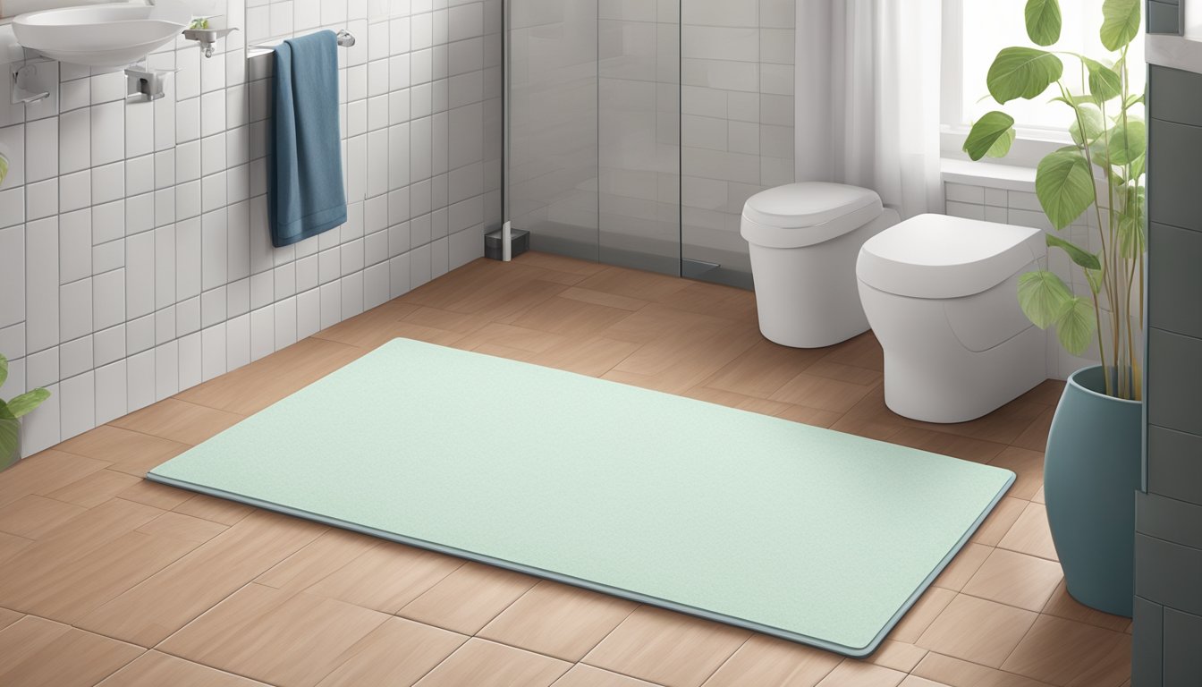 A diatomite mat lies flat on a bathroom floor, absorbing water and preventing slips