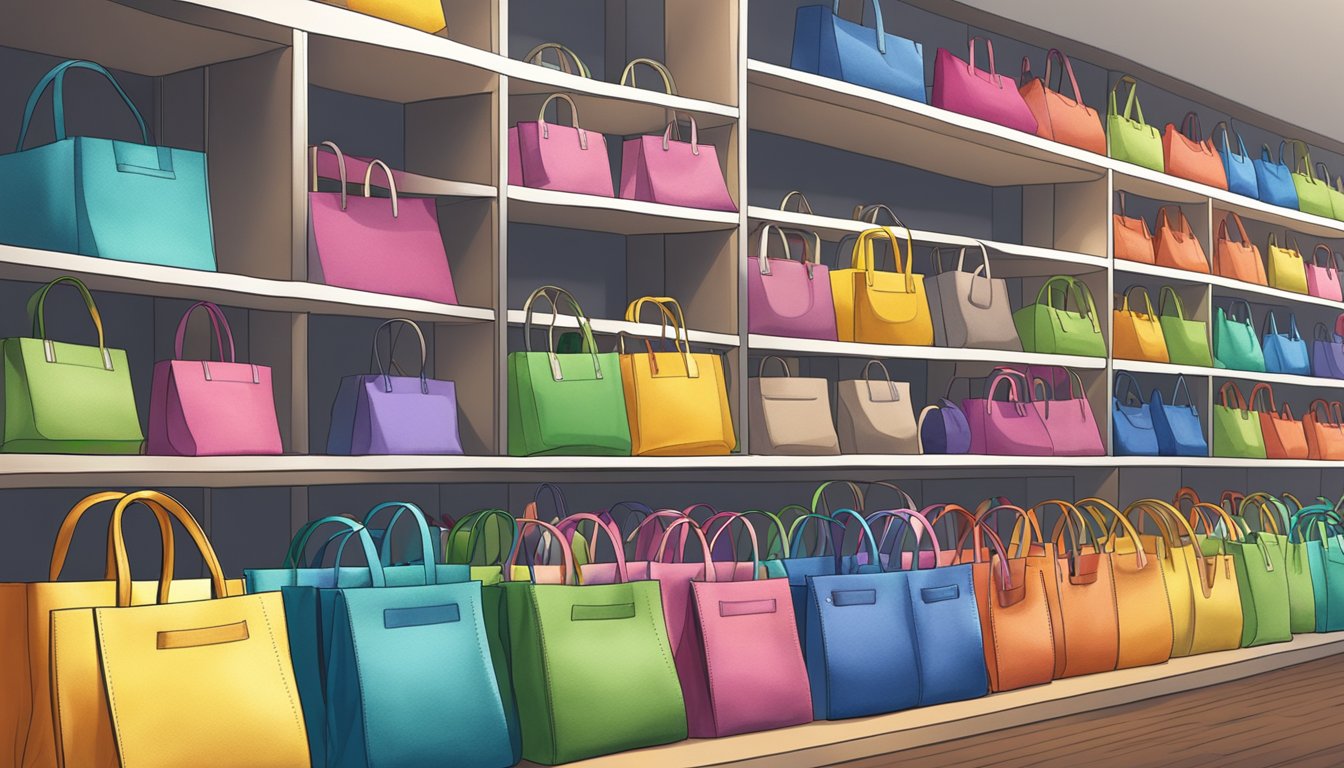 A colorful array of tote bags arranged neatly on display shelves in a Singapore supplier's showroom