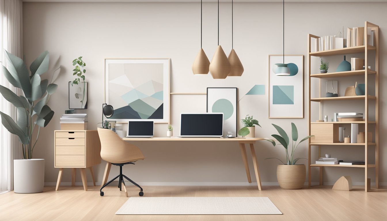 A clean, minimalist workspace with sleek furniture and simple, functional decor. Light wood, neutral colors, and geometric shapes dominate the scene