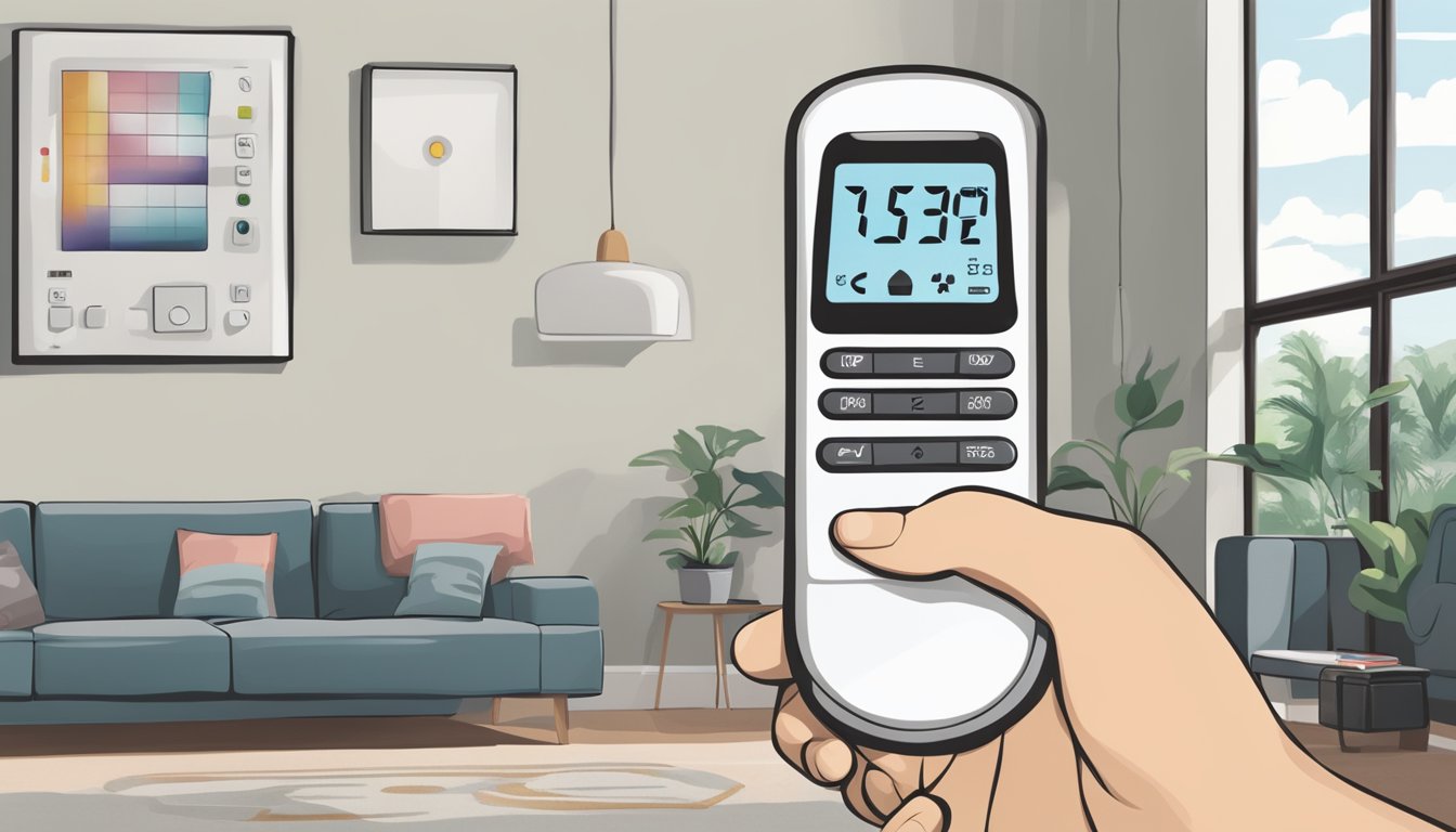 A hand holding a Mitsubishi aircon remote, with symbols and buttons clearly visible, set against a backdrop of a modern living room with a Mitsubishi air conditioning unit in the background