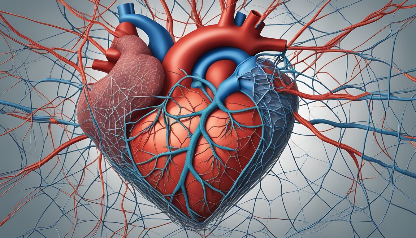 A heart surrounded by a web of tangled arteries, depicting the cause of coronary heart disease