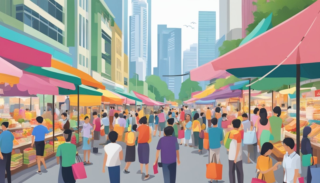 A bustling market street in Singapore, with colorful tote bags on display at various suppliers' stalls