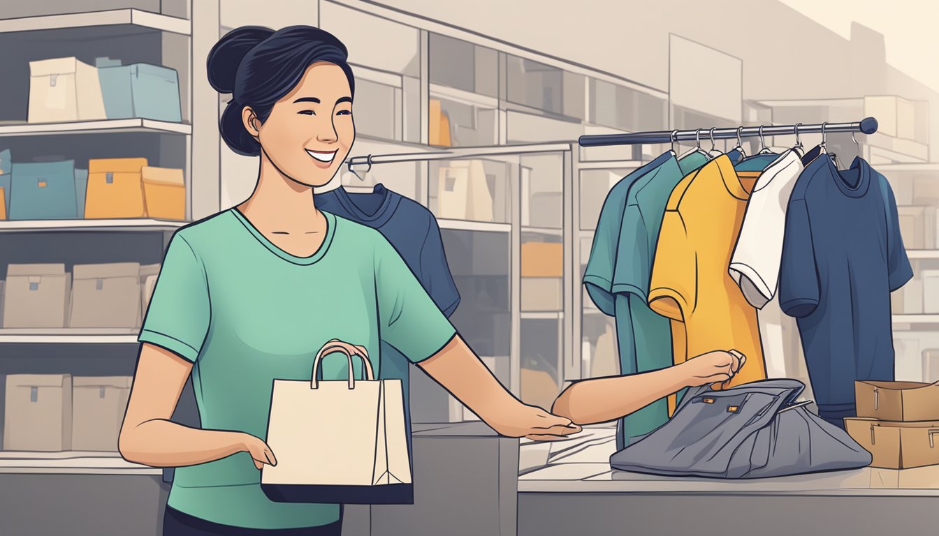 A customer service representative assists a seamless purchase of a tote bag from a Singapore supplier