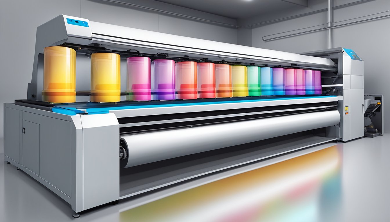 A tumbler printing machine in operation, with colorful designs being transferred onto the surface of the tumblers