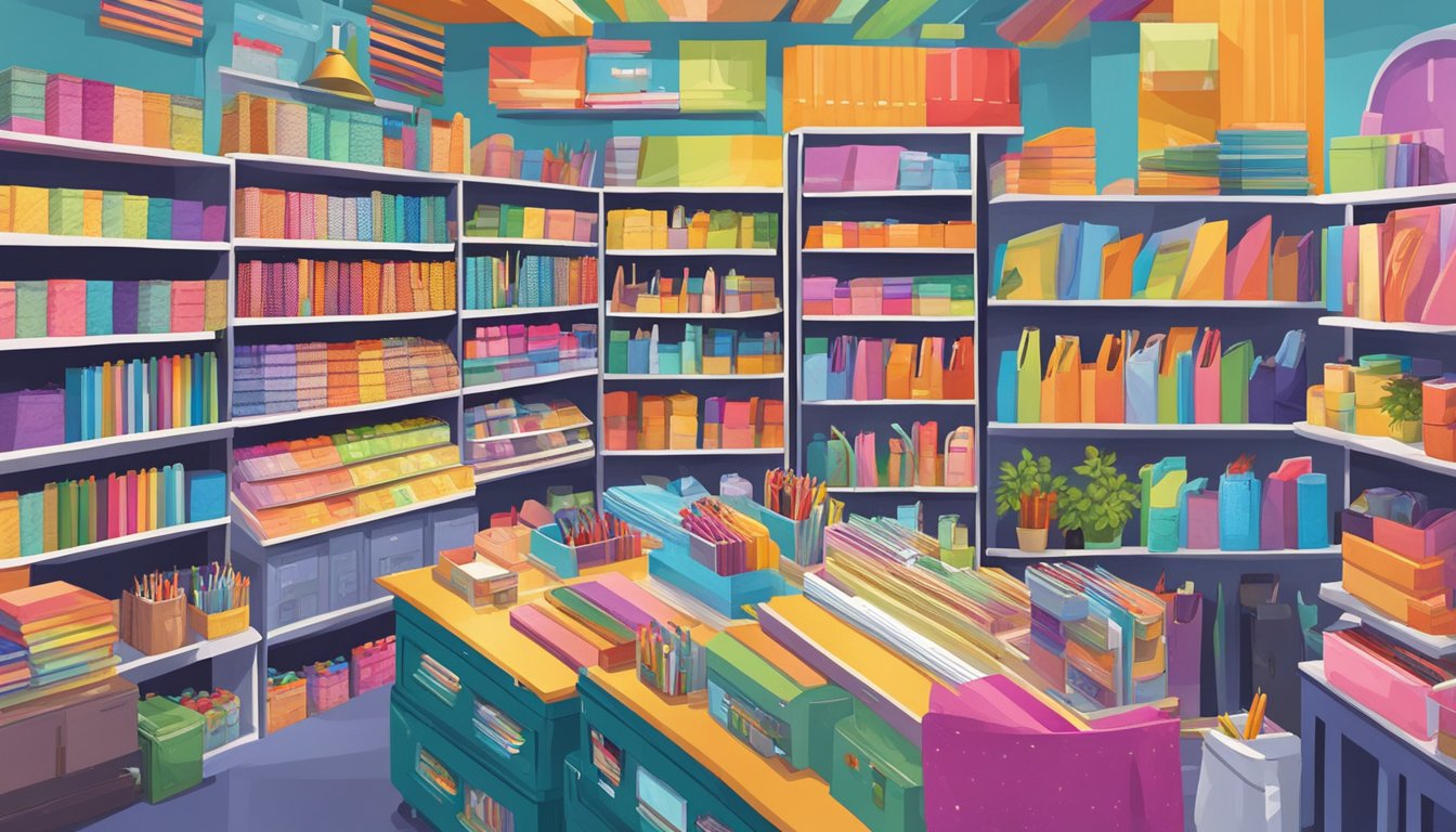 Vibrant notebook vendors display colorful designs, surrounded by shelves of stationery and accessories, creating an inviting and immersive experience
