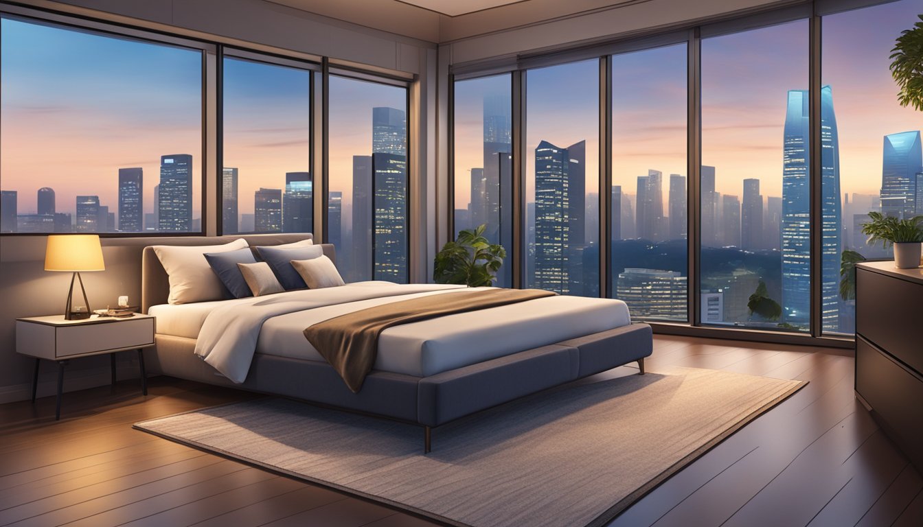A queen-sized bed in a cozy Singaporean bedroom with modern furniture and a view of the city skyline through the window