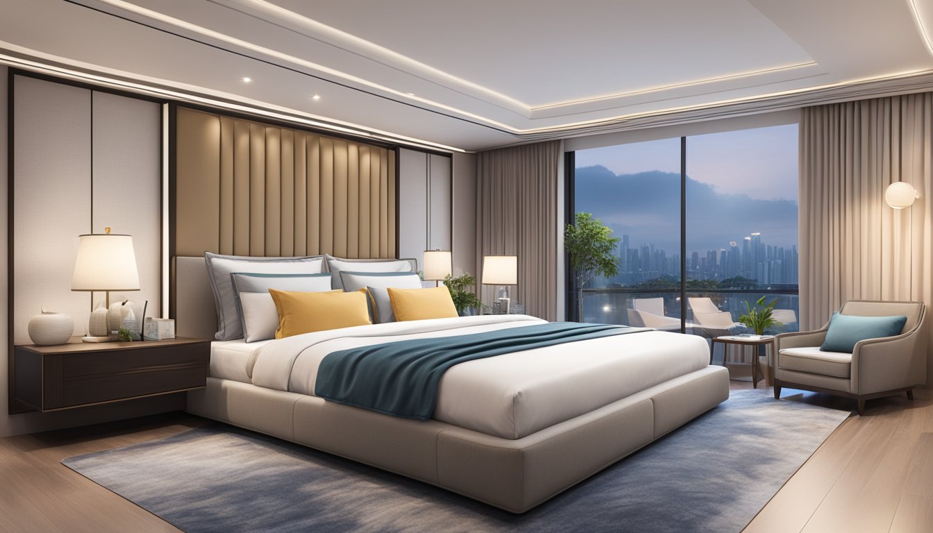 A spacious, luxurious bed in a modern Singapore bedroom, adorned with plush pillows and soft, high-thread-count linens, creating a tranquil and inviting sleep environment