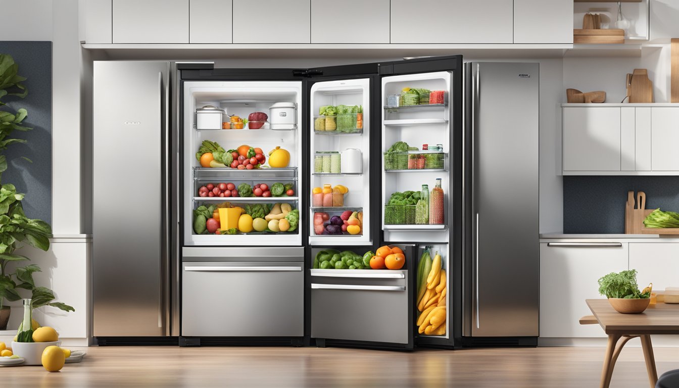 A sleek stainless steel fridge stands tall in a modern kitchen, its brand logo prominently displayed. The interior is well-lit and filled with colorful fruits and vegetables, showcasing its spacious design and freshness-preserving features