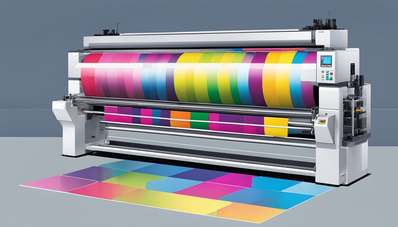 A tumbler printing machine in action, with colorful designs being transferred onto the surface of the tumblers. Ink cartridges and printing materials neatly arranged nearby
