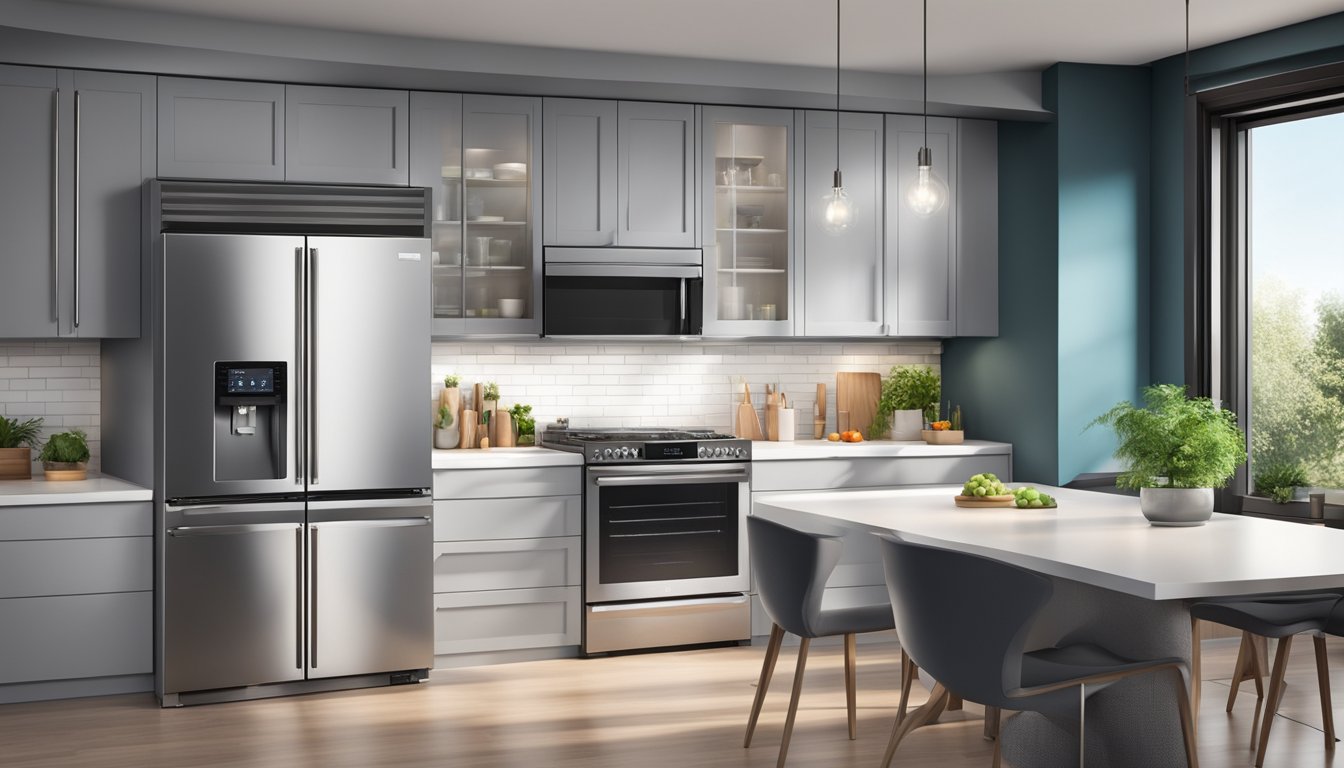 A sleek, stainless steel fridge with touch-screen controls and advanced temperature management sits in a modern kitchen, surrounded by smart appliances and LED lighting