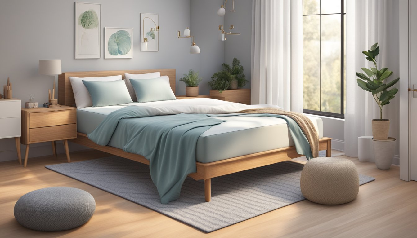 A king single mattress stands in a spacious, well-lit bedroom. It is surrounded by various bedding options, including pillows and blankets. The mattress appears inviting and comfortable, with a supportive yet plush surface