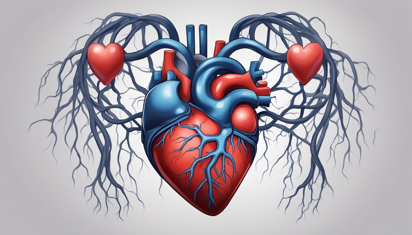 A heart with broken chains, surrounded by fluid-filled lungs and weakened blood vessels