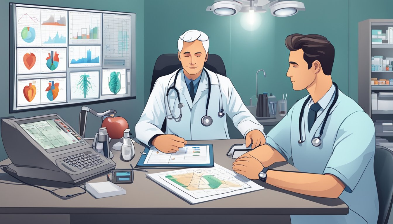 A doctor evaluates a patient's heart failure diagnosis. Medical equipment and charts surround them in a clinical setting
